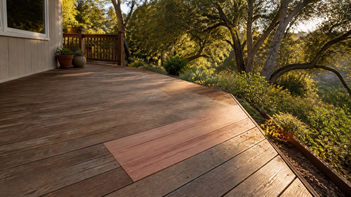 Finished exterior deck board repair